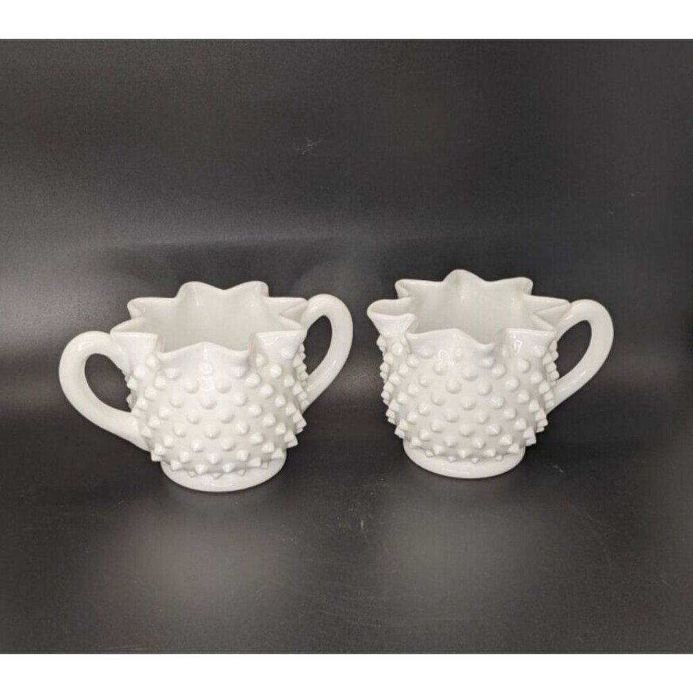 Fenton Sugar And Creamer Set Milk Glass Hobnail Crimped Star White Vintage